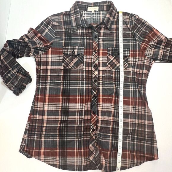 Urban Girl Plaid Shirt XL Brown Burgundy Button Up Y2K Fall Layering Grunge - Picture 4 of 10